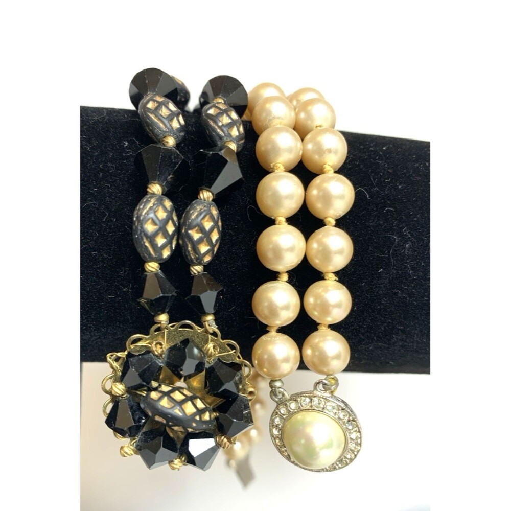 Vintage Marvella Bracelet Lot Faux Pearl Black Glass Beaded Signed Glam Set